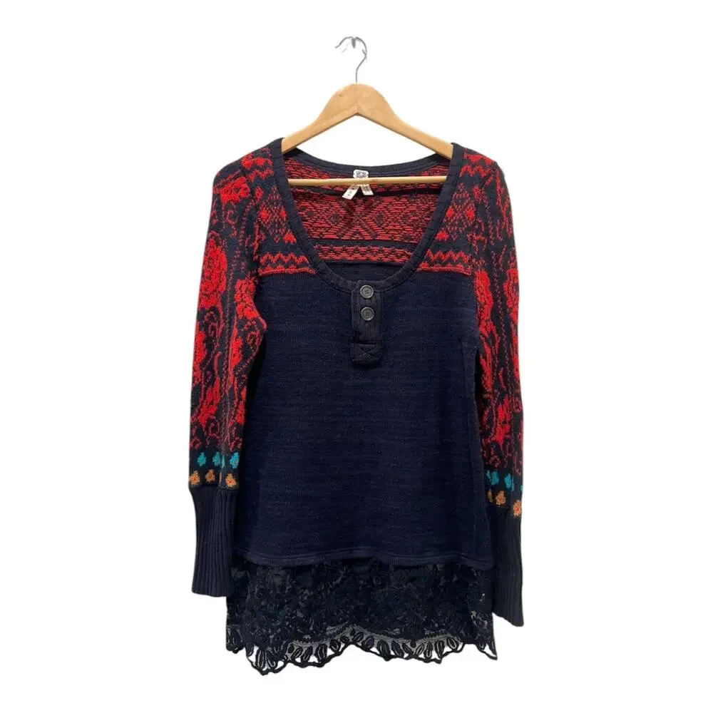 Vintage Free People We The Free Fair Isle Lace Hem Boho Sweater Tunic S